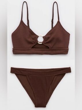 NWT Aerie FULL SET Crinkle Scoop Cutout Top + Banded Cheeky Bottom Brown - L